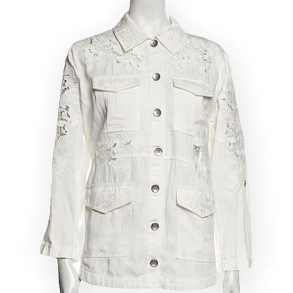 ALICE + OLIVIA Three-Quarter Sleeve Embroidered White Button-Up Top - Picture 1 of 8